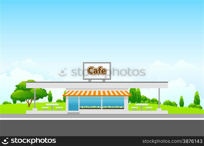 Green Landscape with cafe building and clouds