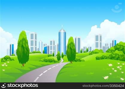 Green landscape with city
