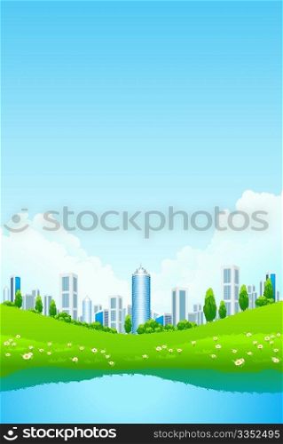 Green landscape with city and lake