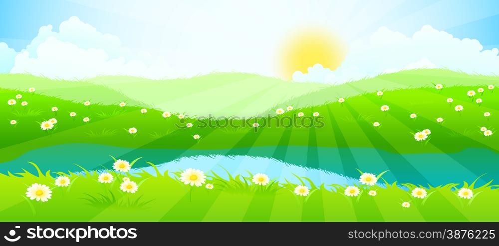 Green Landscape with Clouds, Flowers and River