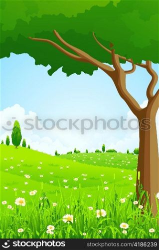 Green Landscape with Flowers and Trees