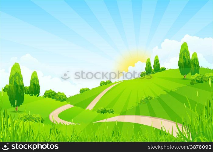 Green Landscape with Hills, Trees, Clouds, Sun and Road