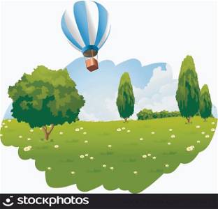 Green Landscape with Hot Air Balloon in the Sky