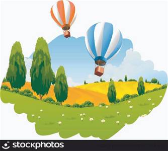 Green Landscape with Hot Air Balloon in the Sky