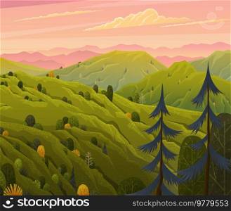 Green landscape with mountains vector illustration with trees and bushes in foreground. Rural summer meadow terrain with pines on hills flat style. Nature green and yellow landscape with pink sky. Green landscape with mountains vector illustration scenery with trees and bushes in foreground