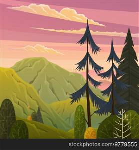 Green landscape with mountains vector illustration with trees and bushes in foreground. Rural summer meadow terrain with pines on hills flat style. Nature green and yellow landscape with pink sky. Green landscape with mountains vector illustration scenery with trees and bushes in foreground