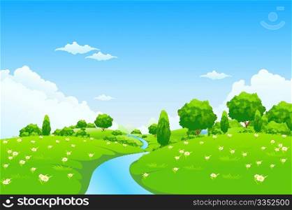 Green Landscape with river trees and flowers