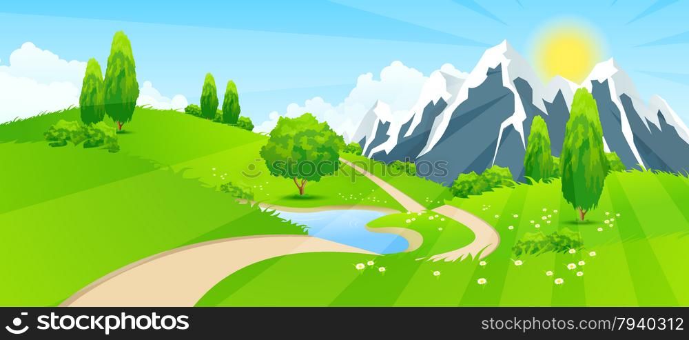 Green Landscape with Road and Mountains