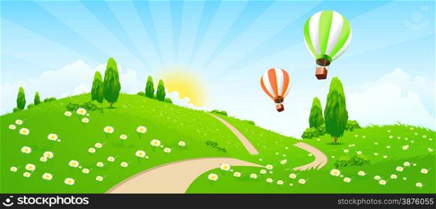 Green Landscape with Road, Flowers, Trees and Hot-air-Balloons