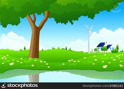 Green Landscape with Tree Wind Power Station and House
