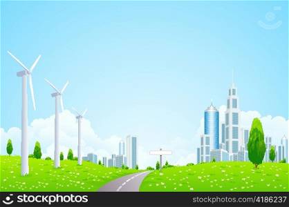 Green Landscape with Wind Power Station Road and Modern City
