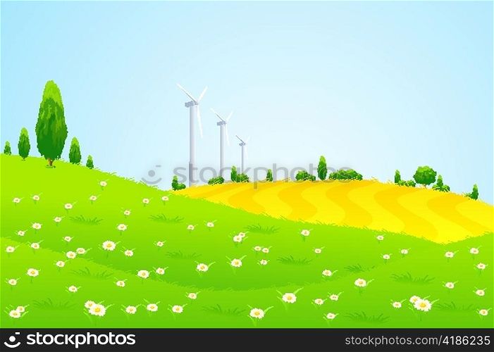 Green Landscape with Wind Power Station Trees and Flowers