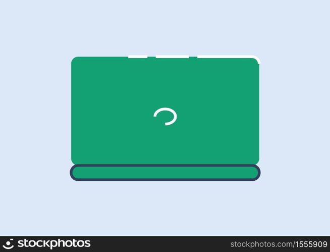 Green laptop semi flat RGB color vector illustration. Modern portable gadget for internet surfing and multimedia entertainment. Notebook computer front view isolated cartoon object on blue background. Green laptop semi flat RGB color vector illustration