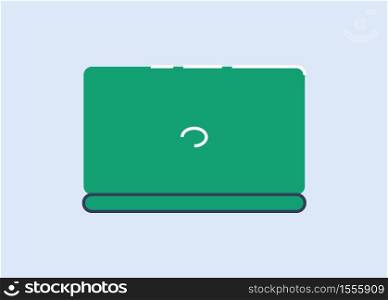Green laptop semi flat RGB color vector illustration. Modern portable gadget for internet surfing and multimedia entertainment. Notebook computer front view isolated cartoon object on blue background. Green laptop semi flat RGB color vector illustration