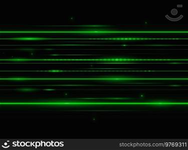 Green laser beam lights. Vector horizontal lens flare lines. Glowing rays on black background. Luminous abstract sparkling streaks, energy motion, magic burst, security technology. Green laser beam lights. Vector flare