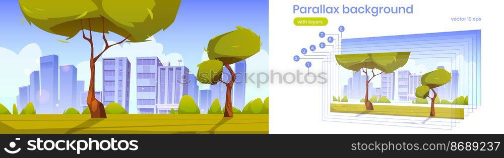 Green lawn, bushes, trees and town buildings on skyline. Vector parallax background for 2d animation with cartoon illustration of summer landscape of city park or garden. Parallax background with green lawn and city
