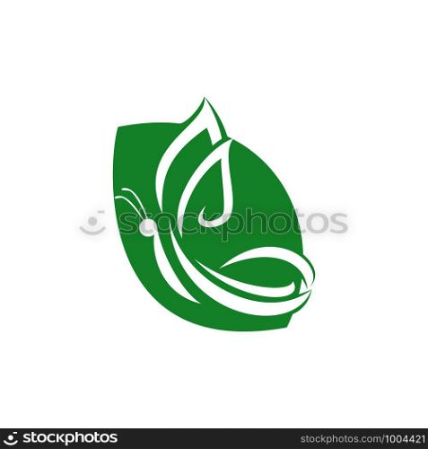 Green leaf and butterfly logo design. Modern graphic design logo eco spa company Beauty ecology concept Smooth shape Vector icon logo.