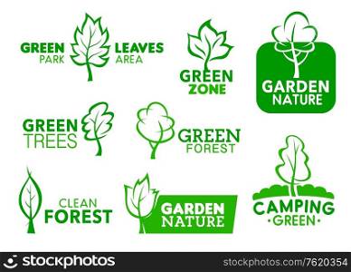 Green leaf and tree icons, company corporate identity symbols. Vector green park area, garden zone and clean forest social project, outdoor camping and landscape design signs. Green garden park, nature leaf corporate icons