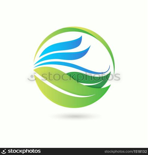 Green leaf eco symbol logo natural organic design with smooth ocean wave icon vector isolated on white background illustration