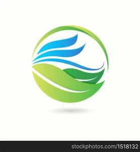 Green leaf eco symbol logo natural organic design with smooth ocean wave icon vector isolated on white background illustration