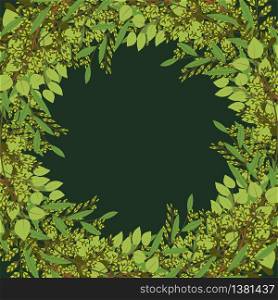 Green leaf, leaves branch and fern frame on dark background. Vector natural illustration. Vintage decorative element.. Green leaf, leaves branch and fern frame on dark background.