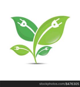 Green leaf logo element vector design ecology symbol. Leaf logo shape icon with electric plugs in negative space