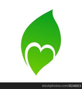 green leaf with heart symbol, nature love concept stock vector illustration