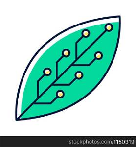 Green leaf with microchip color icon. Smart agriculture. Green information technology. Organic chemistry. Nanotechnology and microelectronics. Biotechnology development. Isolated vector illustration