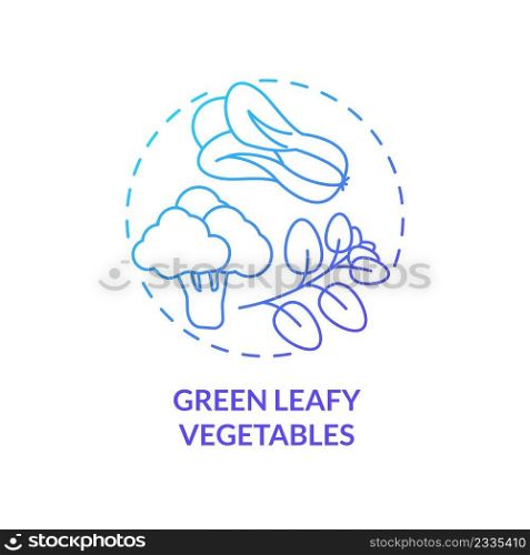 Green leafy vegetables blue gradient concept icon. Best nutrition for bones health abstract idea thin line illustration. Bone density. Isolated outline drawing. Myriad Pro-Bold font used. Green leafy vegetables blue gradient concept icon