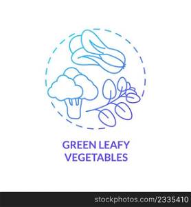 Green leafy vegetables blue gradient concept icon. Best nutrition for bones health abstract idea thin line illustration. Bone density. Isolated outline drawing. Myriad Pro-Bold font used. Green leafy vegetables blue gradient concept icon