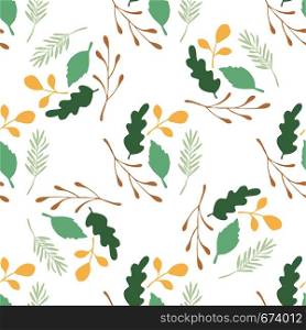 Green leaves and branches vector seamless pattern on white background. Backdrop flat style for textile or book covers, wallpapers, design, graphic art, wrapping. Green leaves and branches vector seamless pattern on white background.