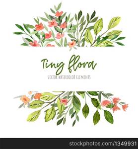Green leaves and branches with red flowers. Watercolor tiny floral elements, stripe banner, hand drawn vector illustration.