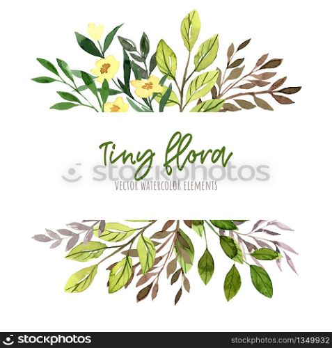Green leaves and branches with yellow flowers. Watercolor tiny floral elements, stripe banner, hand drawn vector illustration.