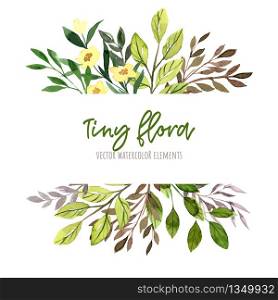 Green leaves and branches with yellow flowers. Watercolor tiny floral elements, stripe banner, hand drawn vector illustration.