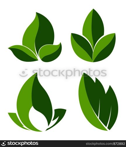 Green leaves as logotypes for eco companies set. Foliage from tree as symbol of nature and purity for environmental organization isolated cartoon flat vector illustrations set on white background.. Grean leaves as logotypes for eco companies set