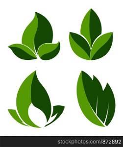 Green leaves as logotypes for eco companies set. Foliage from tree as symbol of nature and purity for environmental organization isolated cartoon flat vector illustrations set on white background.. Grean leaves as logotypes for eco companies set