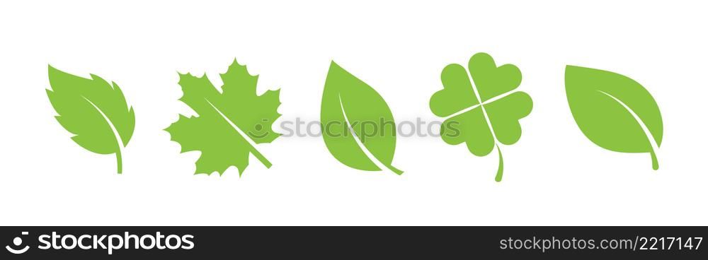 Green leaves icons set. Leaf differents trees. Eco, bio, organic food. Vegetarian signs. Nature symbols isolated on white background. Vector graphic elements.. Green leaves icons set. Leaf differents trees. Eco, bio, organic food. Vegetarian signs.
