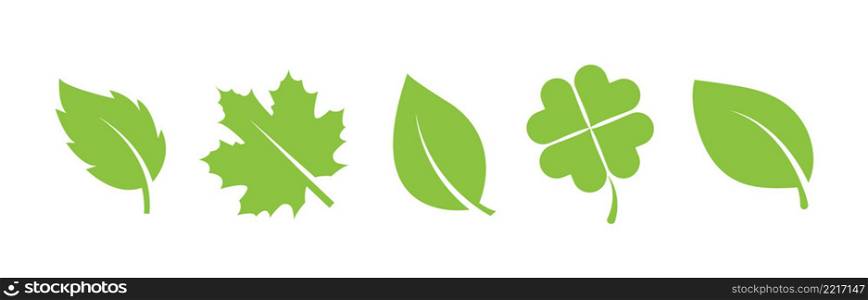 Green leaves icons set. Leaf differents trees. Eco, bio, organic food. Vegetarian signs. Nature symbols isolated on white background. Vector graphic elements.. Green leaves icons set. Leaf differents trees. Eco, bio, organic food. Vegetarian signs.