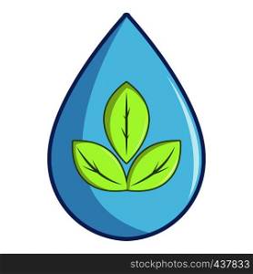 Green leaves inside water drop icon. Cartoon illustration of green leaves inside water drop vector icon for web. Green leaves inside water drop icon, cartoon style