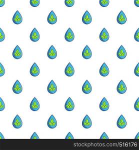 Green leaves inside water drop pattern seamless repeat in cartoon style vector illustration. Green leaves inside water drop pattern