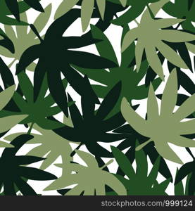 Green leaves seamless pattern. Marijuana flat leaf vector backdrop. Exotic botanical design illustration. Design for fabric, textile print, wrapping paper. Vector illustration. Green leaves seamless pattern. Marijuana flat leaf vector backdrop.