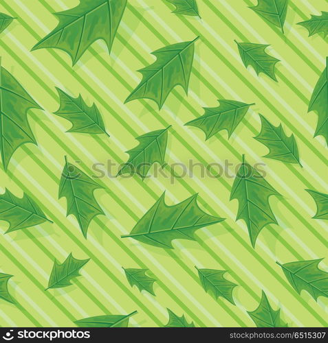 Green Leaves Seamless Pattern Vector Illustration. Leaves vector seamless pattern. Flat style illustration. Falling green tree leaves on striped background. Autumn defoliation. For wrapping paper, greeting card, invitation, printing materials design