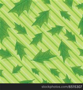 Green Leaves Seamless Pattern Vector Illustration. Leaves vector seamless pattern. Flat style illustration. Falling green tree leaves on striped background. Autumn defoliation. For wrapping paper, greeting card, invitation, printing materials design