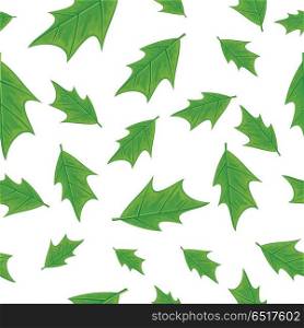 Green Leaves Seamless Pattern Vector Illustration. Leaves vector seamless pattern. Flat style illustration. Falling green tree leaves on white background. Autumn defoliation. For wrapping paper, greeting card, invitation, printing materials design