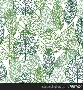 Green leaves seamless pattern with outline elements. Suitable for wallpaper, tiles and fabric design