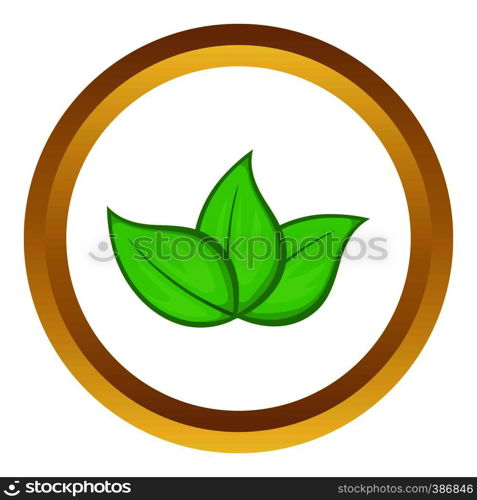 Green leaves vector icon in golden circle, cartoon style isolated on white background. Green leaves vector icon