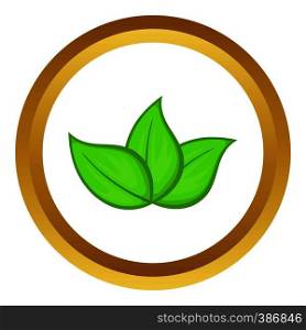 Green leaves vector icon in golden circle, cartoon style isolated on white background. Green leaves vector icon