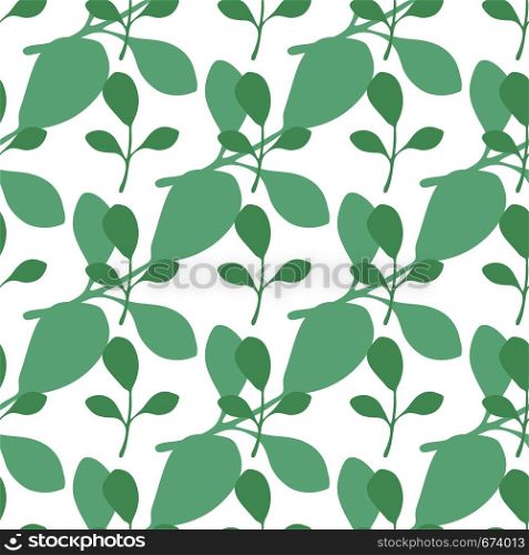 Green leaves vector seamless pattern on white background. Backdrop in flat style for textile or book covers, wallpapers, design, graphic art, wrapping. Green leaves vector seamless pattern on white background.