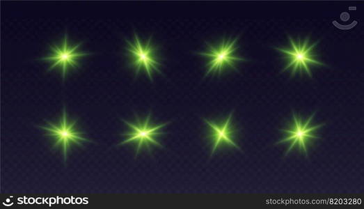 Green lens flare, glowing star with rays, shiny flash spark, bright cosmic explosion isolated on black. Vector illustration.. Green lens flare, glowing star with rays, shiny flash spark, bright cosmic explosion isolated on black.