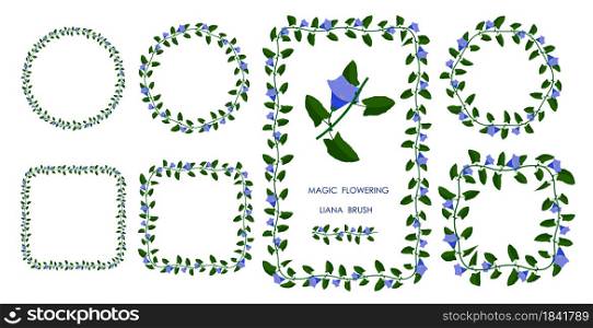 Green liana brush blooming with blue flowers. Realistic brush for decorating frames, invitation cards. Vector